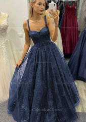 A-line Sweetheart Spaghetti Straps Long/Floor-Length Tulle Glitter Corset Prom Dress outfits, Bridesmaid Dresses Modest
