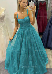 A-line Sweetheart Spaghetti Straps Long/Floor-Length Tulle Glitter Corset Prom Dress outfits, Country Wedding