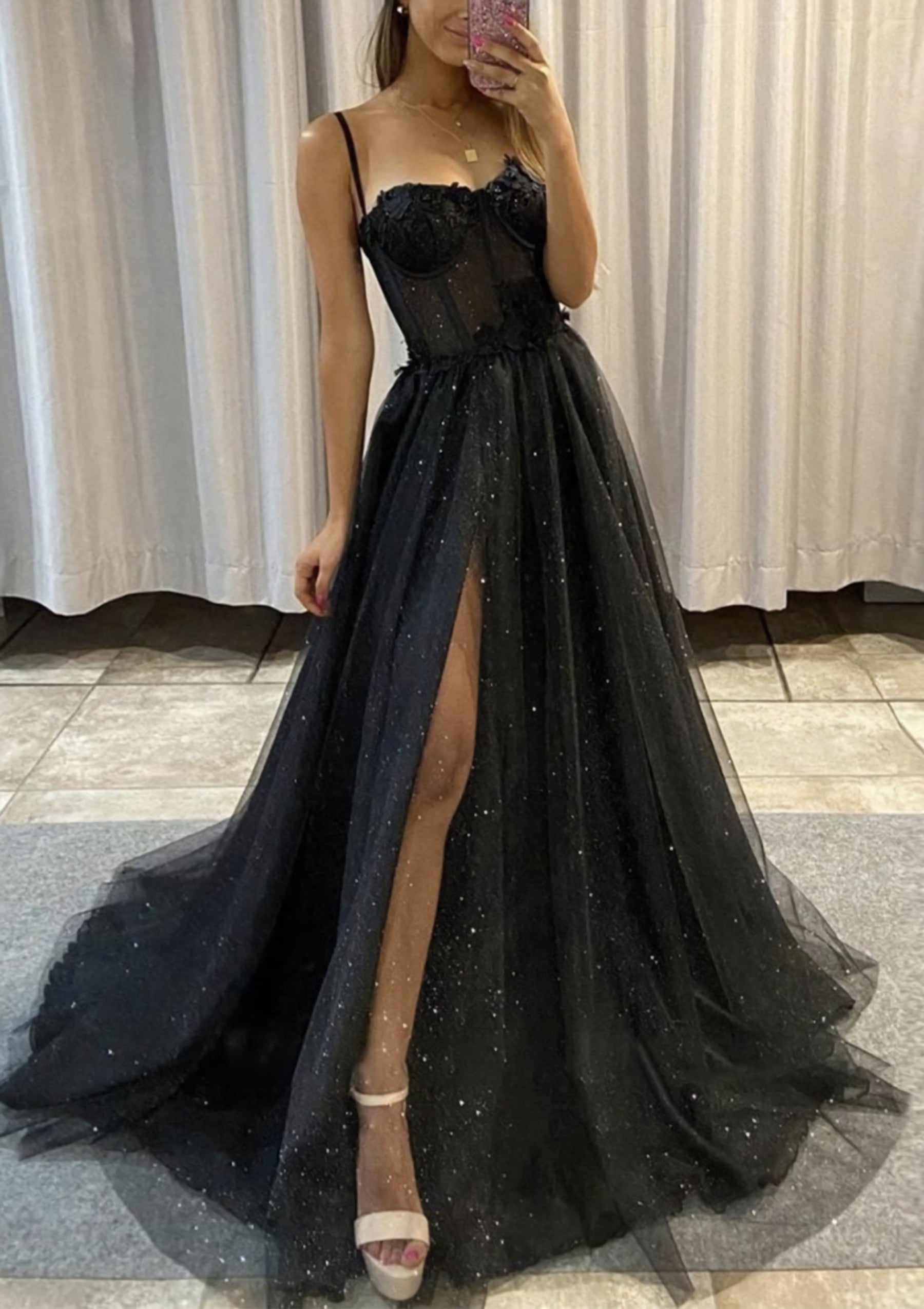 A-line Sweetheart Spaghetti Straps Sweep Train Tulle Glitter Corset Prom Dress With Appliqued Gowns, Prom Dresses Fitted