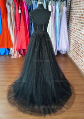 A-line Sweetheart Spaghetti Straps Sweep Train Tulle Glitter Corset Prom Dress With Appliqued Gowns, Prom Dress A Line Prom Dress