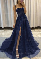 A-line Sweetheart Spaghetti Straps Sweep Train Tulle Glitter Corset Prom Dress With Appliqued Gowns, Prom Dresses Simple