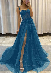 A-line Sweetheart Spaghetti Straps Sweep Train Tulle Glitter Corset Prom Dress With Appliqued Gowns, Prom Dress Simple