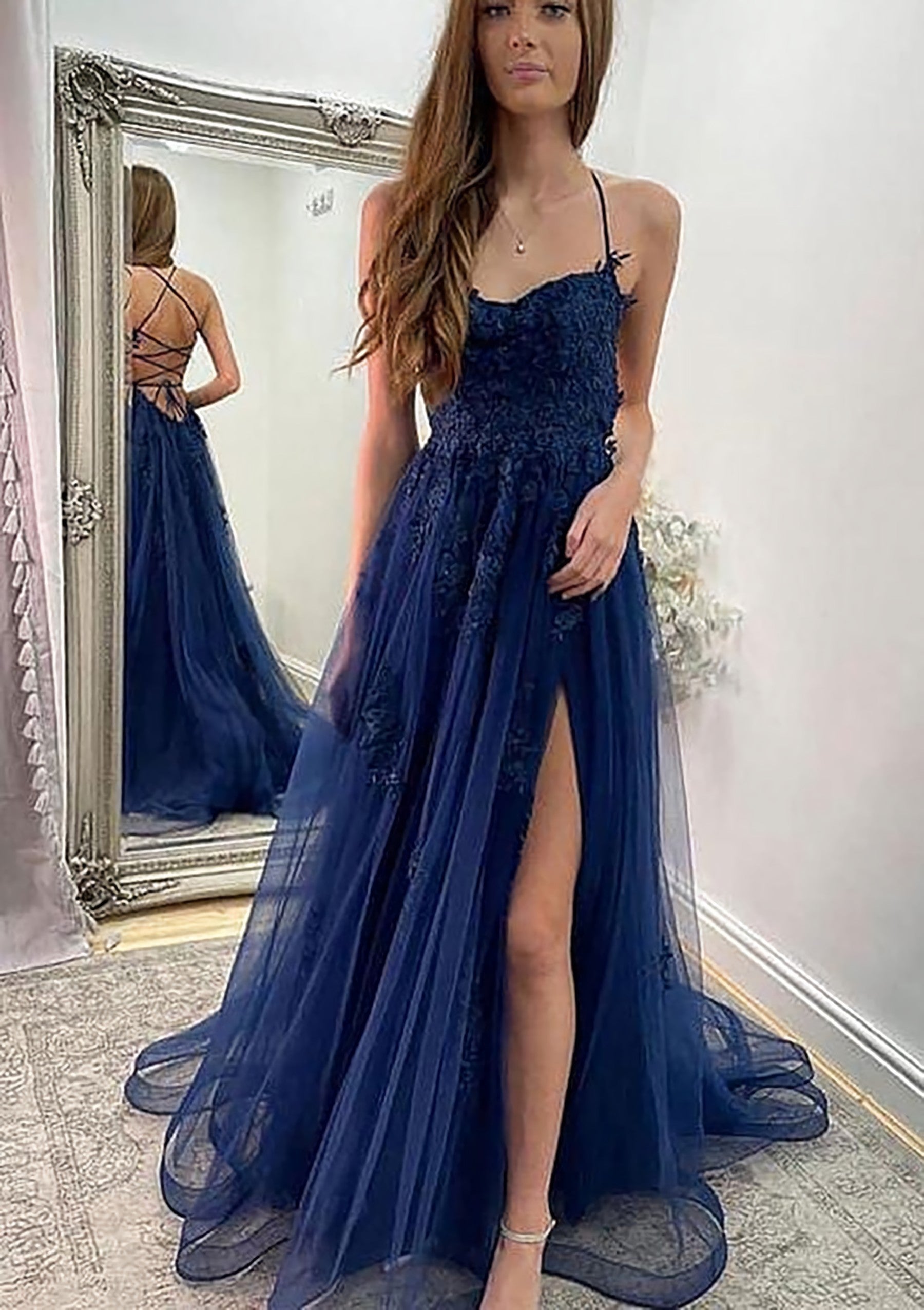 A-line Sweetheart Spaghetti Straps Sweep Train Tulle Corset Prom Dress With Appliqued Split outfit, Homecoming Dresses Fashion Outfits