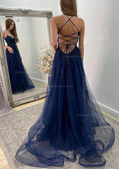 A-line Sweetheart Spaghetti Straps Sweep Train Tulle Corset Prom Dress With Appliqued Split outfit, Homecoming Dresses Pretty