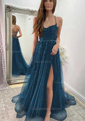 A-line Sweetheart Spaghetti Straps Sweep Train Tulle Corset Prom Dress With Appliqued Split outfit, Homecoming Dress Pretty