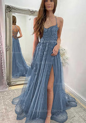 A-line Sweetheart Spaghetti Straps Sweep Train Tulle Corset Prom Dress With Appliqued Split outfit, Homecoming Dresses Online