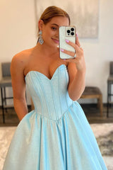 A-Line Sweetheart Strapless Blue Long Corset Prom Dress outfits, A-Line Sweetheart Strapless Blue Long Prom Dress