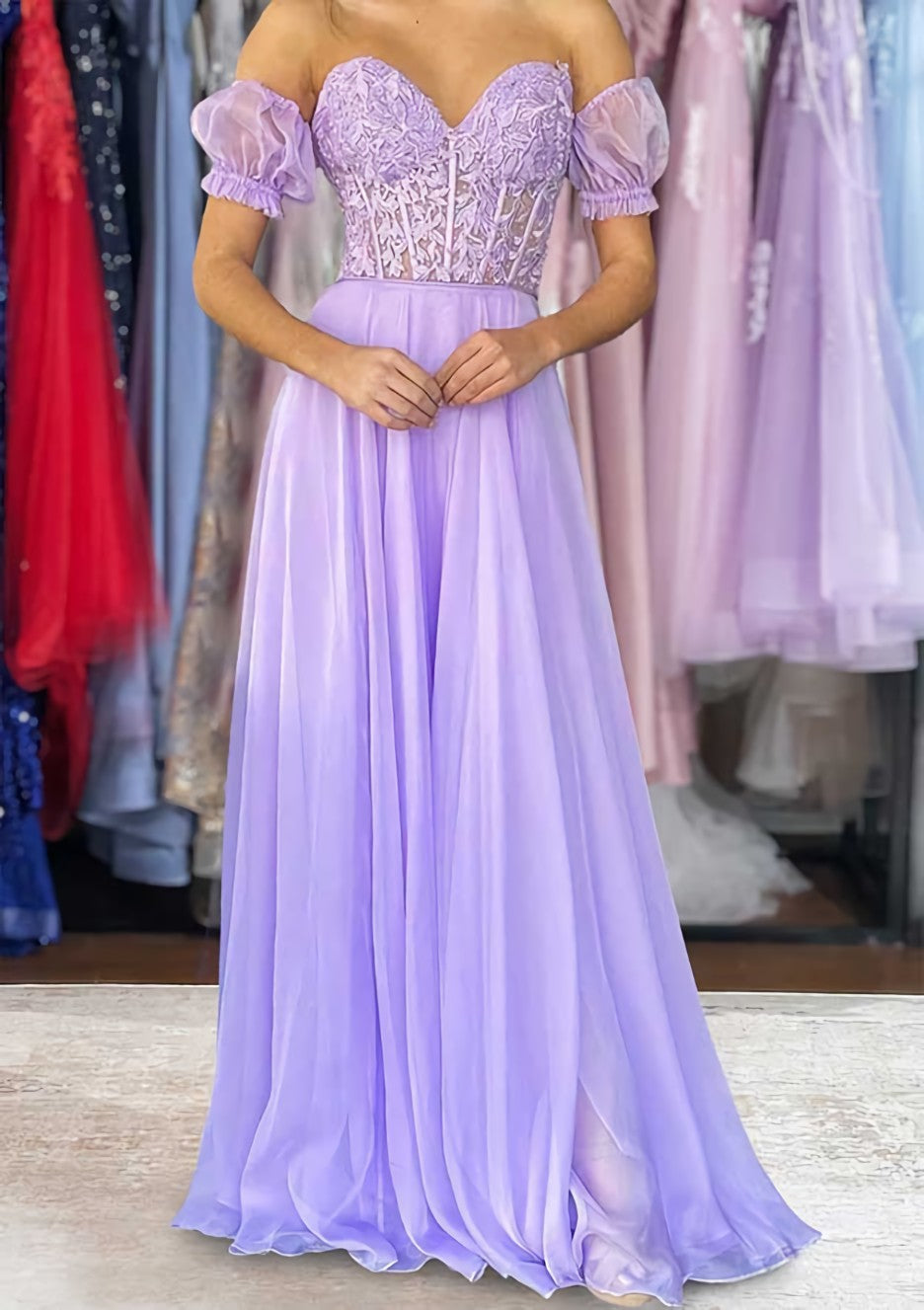 A-line Sweetheart Strapless Long/Floor-Length Chiffon Corset Prom Dress with Detachable Balloon Sleeves Gowns, Homecoming Dress Classy Elegant
