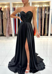 A-line Sweetheart Strapless Sweep Train Charmeuse Corset Prom Dress With Pleated Split outfit, Bridesmaid Dress 2051