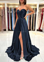 A-line Sweetheart Strapless Sweep Train Charmeuse Corset Prom Dress With Pleated Split outfit, Bridesmaid Dresses Under 129