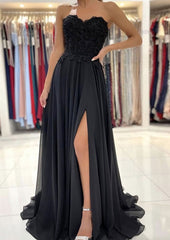 A-line Sweetheart Sweep Train Chiffon Corset Prom Dress With Lace Beading Split outfit, Club Dress