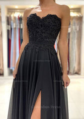 A-line Sweetheart Sweep Train Chiffon Corset Prom Dress With Lace Beading Split outfit, Prom Ideas