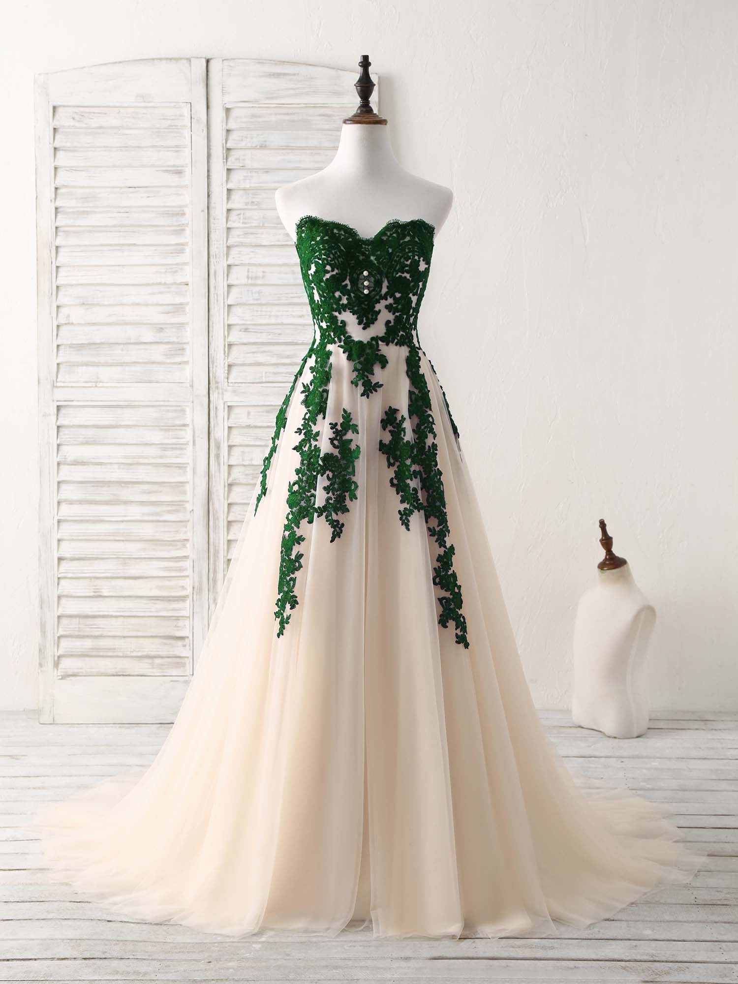 A-Line Sweetheart Tulle Lace Applique Green Long Corset Prom Dress, Corset Bridesmaid Dress outfit, Bridesmaid Dresses Beach