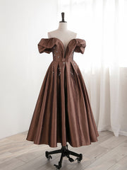 A-Line Tea length Brown Corset Prom dresses, Off Shoulder Brown Corset Formal Dress with Beading outfit, Green Prom Dress