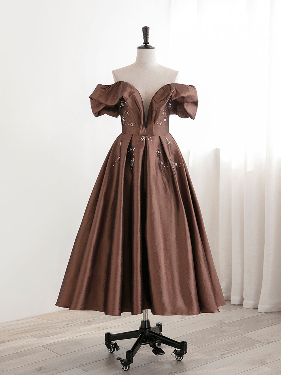 A-Line Tea length Brown Corset Prom dresses, Off Shoulder Brown Corset Formal Dress with Beading outfit, Party Dress