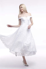 A Line Tea Length Lace Off Shoulder Mid-length Corset Wedding Dresses outfit, Wedding Dress Design