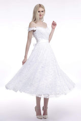 A Line Tea Length Lace Off Shoulder Mid-length Corset Wedding Dresses outfit, Wedding Dress Beautiful