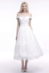 A Line Tea Length Lace Off Shoulder Mid-length Corset Wedding Dresses outfit, Wedding Dress Designs