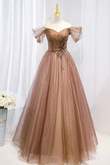 A-Line Tulle Beaded Long Corset Formal Dress, Off the Shoulder Evening Dress outfit, Prom Dressed Short