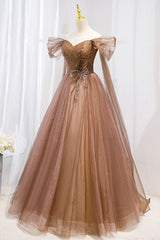 A-Line Tulle Beaded Long Corset Formal Dress, Off the Shoulder Evening Dress outfit, Prom Dresses Pieces