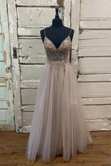 A-Line Tulle Beaded Long Corset Prom Dress, Cute V-Neck Evening Party Dress Outfits, Bridesmaids Dresses Color