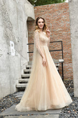 A-Line Tulle Beading Handwork Long Sleeves Corset Prom Dresses outfit, Cocktail Dress