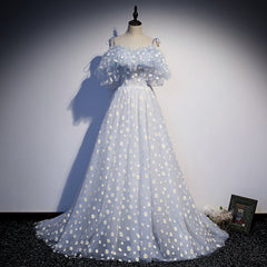 A-line Tulle Blue Off Shoulder Corset Prom Dresses, Long Evening Dresses Party Dresses outfit, Prom Dress Cute