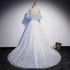 A-line Tulle Blue Off Shoulder Corset Prom Dresses, Long Evening Dresses Party Dresses outfit, Prom Dresses Cute