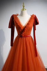 A-Line Tulle Long Corset Prom Dress, Orange V-Neck Long Simple Evening Dress outfit, Prom Dresses Off The Shoulder