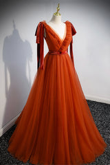 A-Line Tulle Long Corset Prom Dress, Orange V-Neck Long Simple Evening Dress outfit, Prom Dresses Beautiful