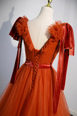 A-Line Tulle Long Corset Prom Dress, Orange V-Neck Long Simple Evening Dress outfit, Prom Dress Classy