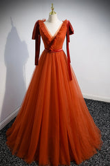 A-Line Tulle Long Corset Prom Dress, Orange V-Neck Long Simple Evening Dress outfit, Prom Dresses 2031