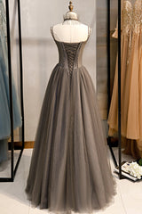 A-Line Tulle Long Corset Prom Dress with Beading, Cute Evening Party Dress Outfits, Bridesmaid Dresses Spring