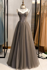 A-Line Tulle Long Corset Prom Dress with Beading, Cute Evening Party Dress Outfits, Bridesmaid Dress Styles