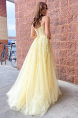 A-Line Tulle Spaghetti Straps Light Yellow Long Corset Prom Dress with Appliques Gowns, A-Line Tulle Spaghetti Straps Light Yellow Long Prom Dress with Appliques