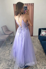 A-Line Tulle Spaghetti Straps Lilac Long Corset Prom Dress with Appliques Gowns, A-Line Tulle Spaghetti Straps Lilac Long Prom Dress with Appliques