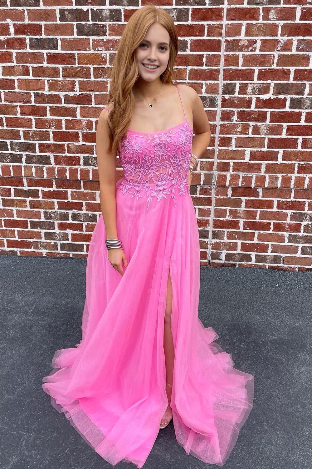 A-Line Tulle Spaghetti Straps Pink Long Corset Prom Dress with Appliques Gowns, A-Line Tulle Spaghetti Straps Pink Long Prom Dress with Appliques