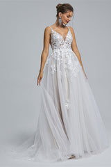 A-Line Tulle V-Neck Lace Beaded Flower Corset Wedding Dresses outfit, Wedding Dresses Vintag