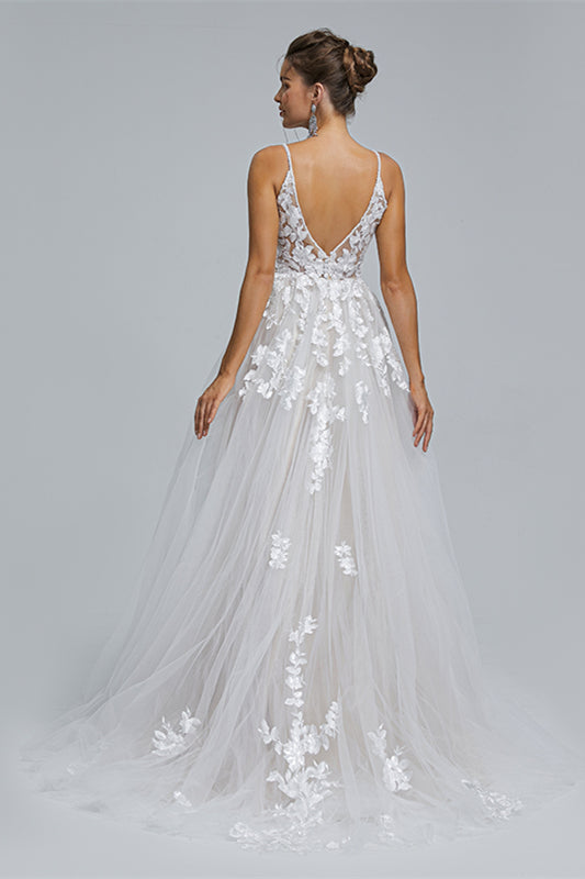 A-Line Tulle V-Neck Lace Beaded Flower Corset Wedding Dresses outfit, Weddings Dresses Vintage