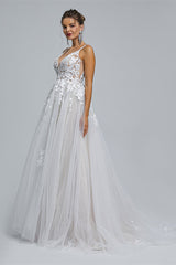 A-Line Tulle V-Neck Lace Beaded Flower Corset Wedding Dresses outfit, Wedsing Dress Vintage