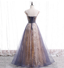 A-line Tulle with Lace Applique Party Dress, Tulle Long Corset Prom Dress outfits, Silk Prom Dress