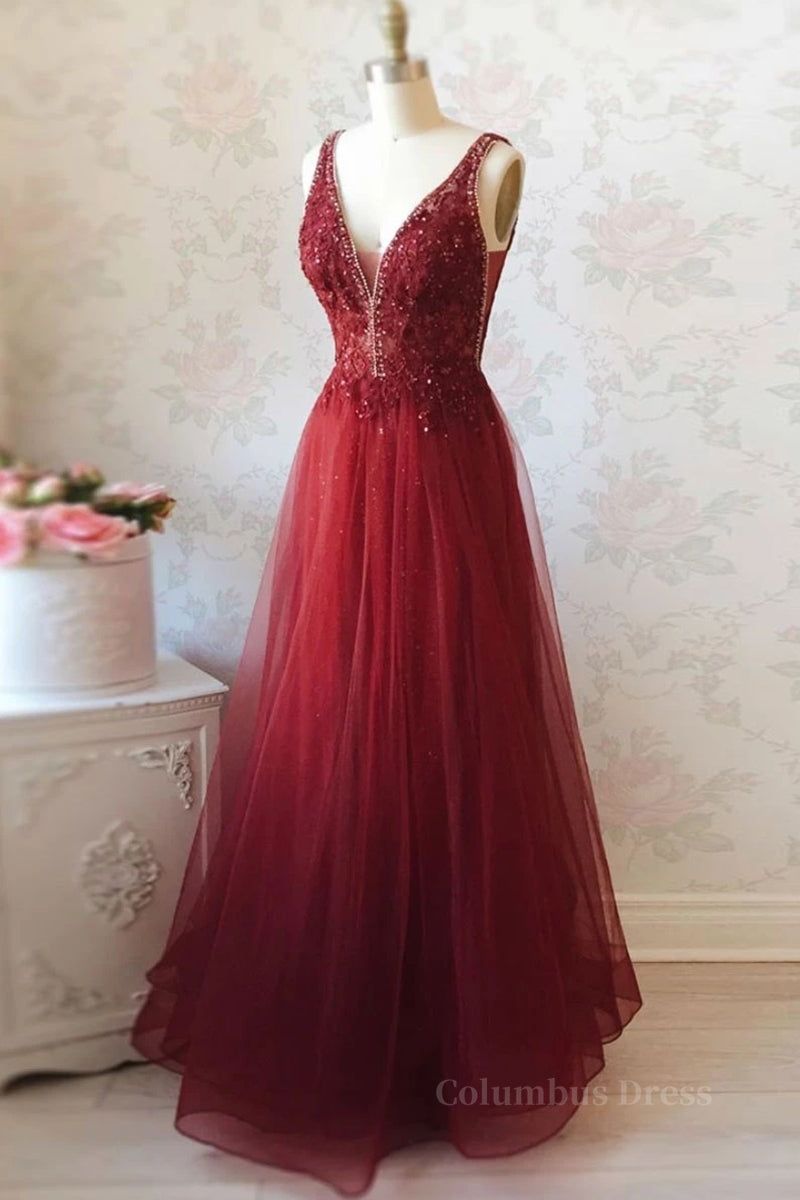 A Line V Neck and V Back Long Beading Lace Burgundy Corset Prom Dress, Lace Burgundy Corset Formal Graduation Evening Dress outfit, Evening Dress Modest