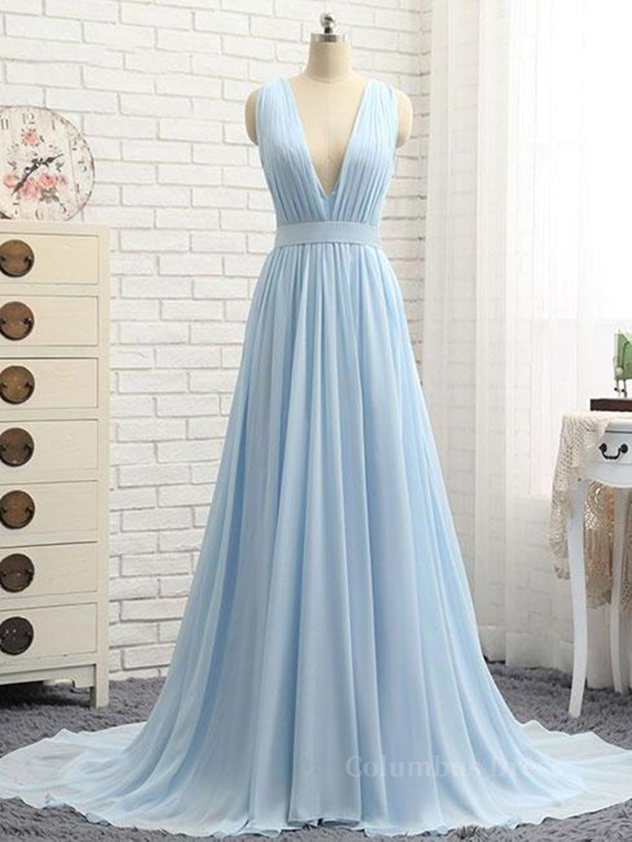 A Line V Neck and V Back Sky Blue Chiffon Long Corset Prom Dresses, V Neck Blue Corset Formal Dresses, Blue Evening Dresses outfit, Bridesmaid Dresses Different Style