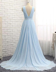 A Line V Neck and V Back Sky Blue Chiffon Long Corset Prom Dresses, V Neck Blue Corset Formal Dresses, Blue Evening Dresses outfit, Bridesmaid Dress Different Styles