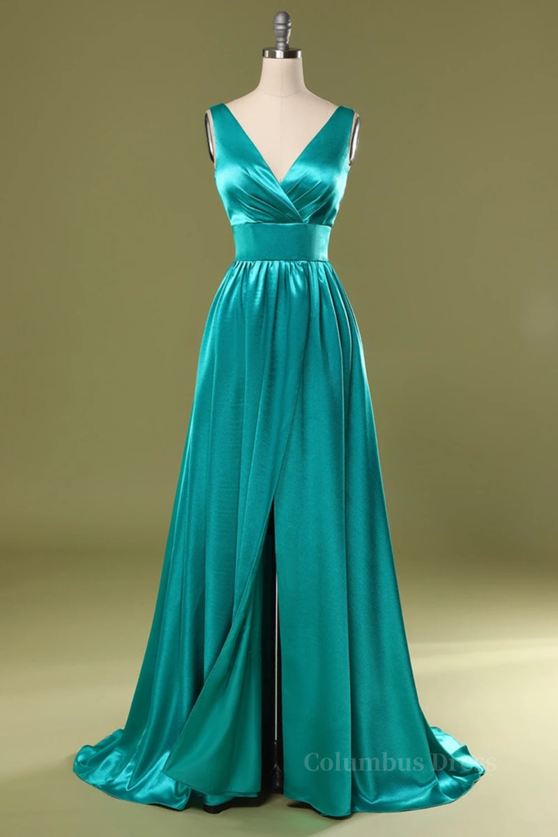 A Line V Neck and V Back Turquoise Long Corset Prom Dress with Slit, Turquoise Corset Formal Graduation Evening Dress outfit, Homecoming Dresses Shop