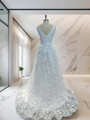 A-line V-neck Applique Sweep Train Stretch Crepe Corset Wedding Dress outfit, Wedding Dresses Elegant