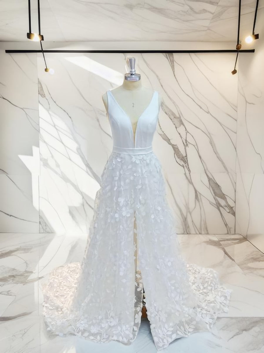 A-line V-neck Applique Sweep Train Stretch Crepe Corset Wedding Dress outfit, Wedding Dress 2024