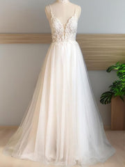 A-line V-neck Applique Sweep Train Tulle Corset Wedding Dress outfit, Wedding Dress Gowns