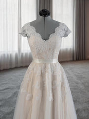 A-line V-neck Appliques Lace Floor-Length Lace Corset Wedding Dress outfit, Wedding Dress Designers