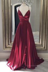 A Line V Neck Backless Burgundy Long Corset Prom Dresses, Backless Burgundy Corset Formal Graduation Evening Dresses outfit, Formal Dresses Outfits